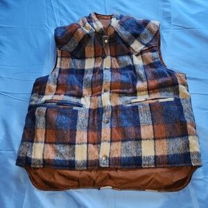 VTG MILLER OUTER WEAR MEN'S PLAID FLANNEL/QUILTED REVERSIBLE VEST BROWN SZ MED